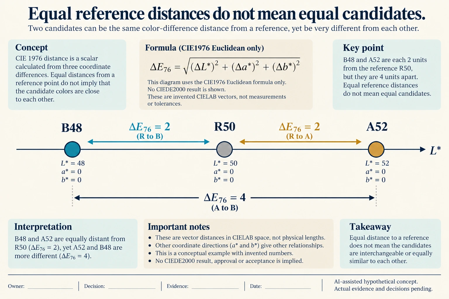 Hypothetical teaching diagram: two distances from a reference do not give the distance between candidates. Actual evidence and decisions pending; no real measurement or approved result.