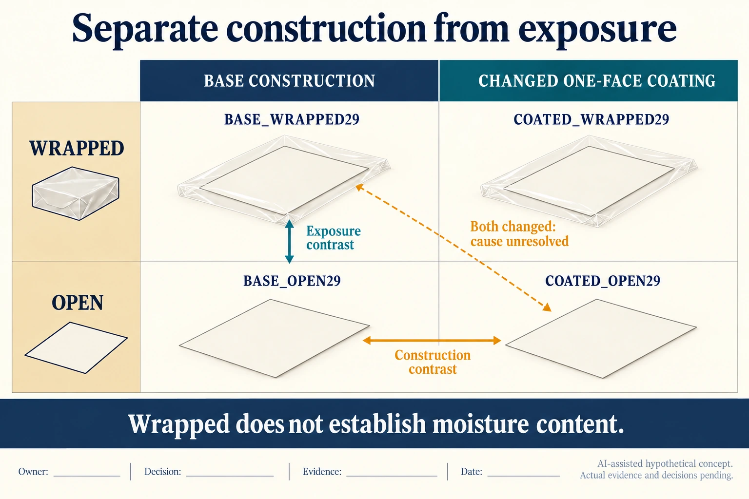 Hypothetical teaching diagram: do not attribute a changed coating and changed exposure to one cause. Actual evidence and decisions pending; no real measurement or approved result.