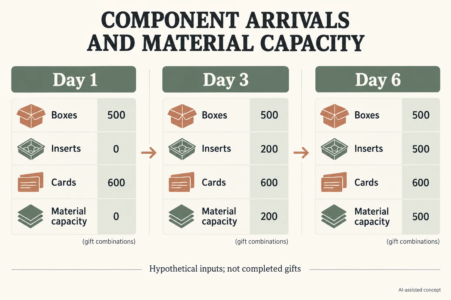 Day1, day3 and day6 cumulative components support zero, 200 and500 hypothetical gift combinations