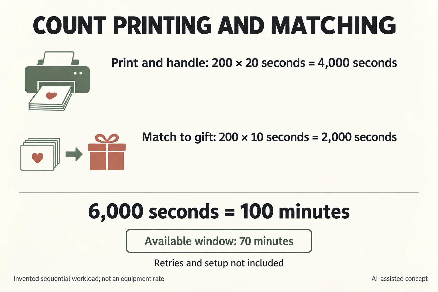 Invented 200-card printing and matching tasks total 6,000 seconds or 100 minutes before setup and retries