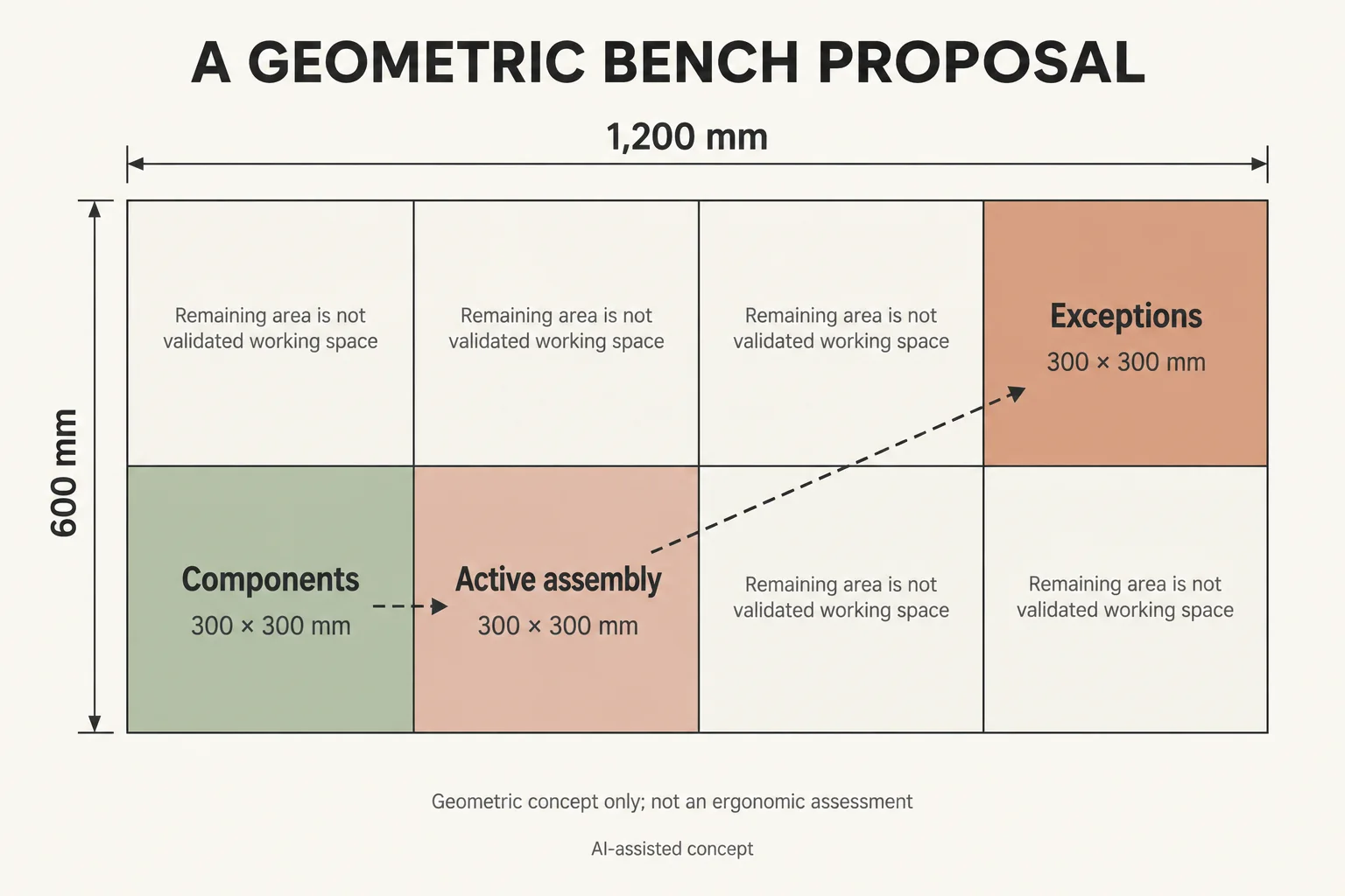 Nominal 1,200 by 600 millimeter bench grid with three 300 by300 zones and proposed movement paths