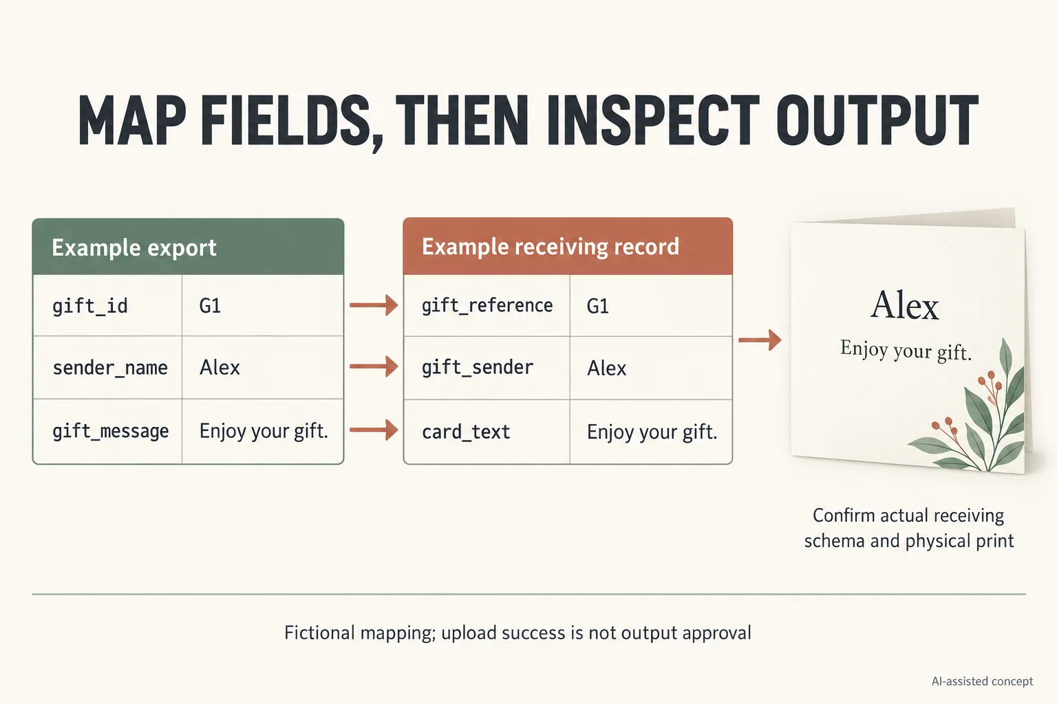 Fictional export fields map to receiving fields and a sample card showing Alex and Enjoy your gift