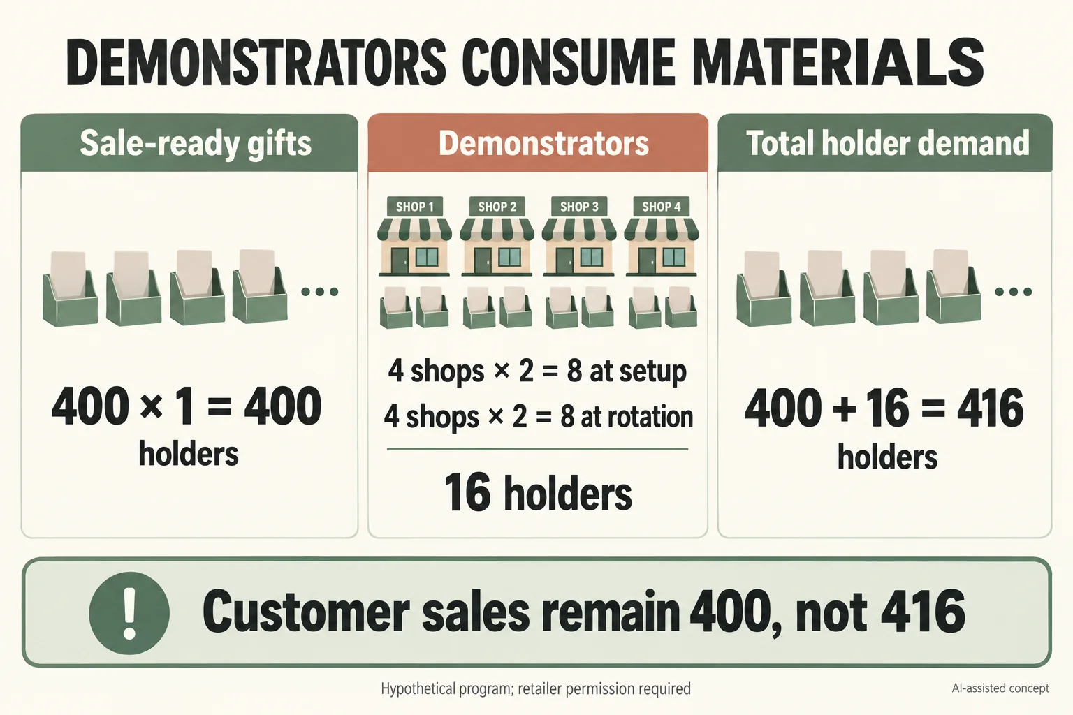 Four hundred sale-ready gifts and 16 demonstrator holder uses require 416 holders, not 416 sales