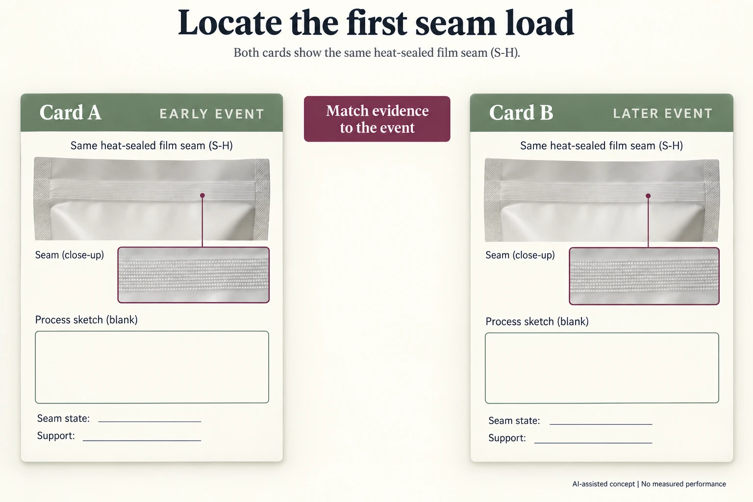 Separate early and later event cards retain unknown seam state and support without a time or strength curve