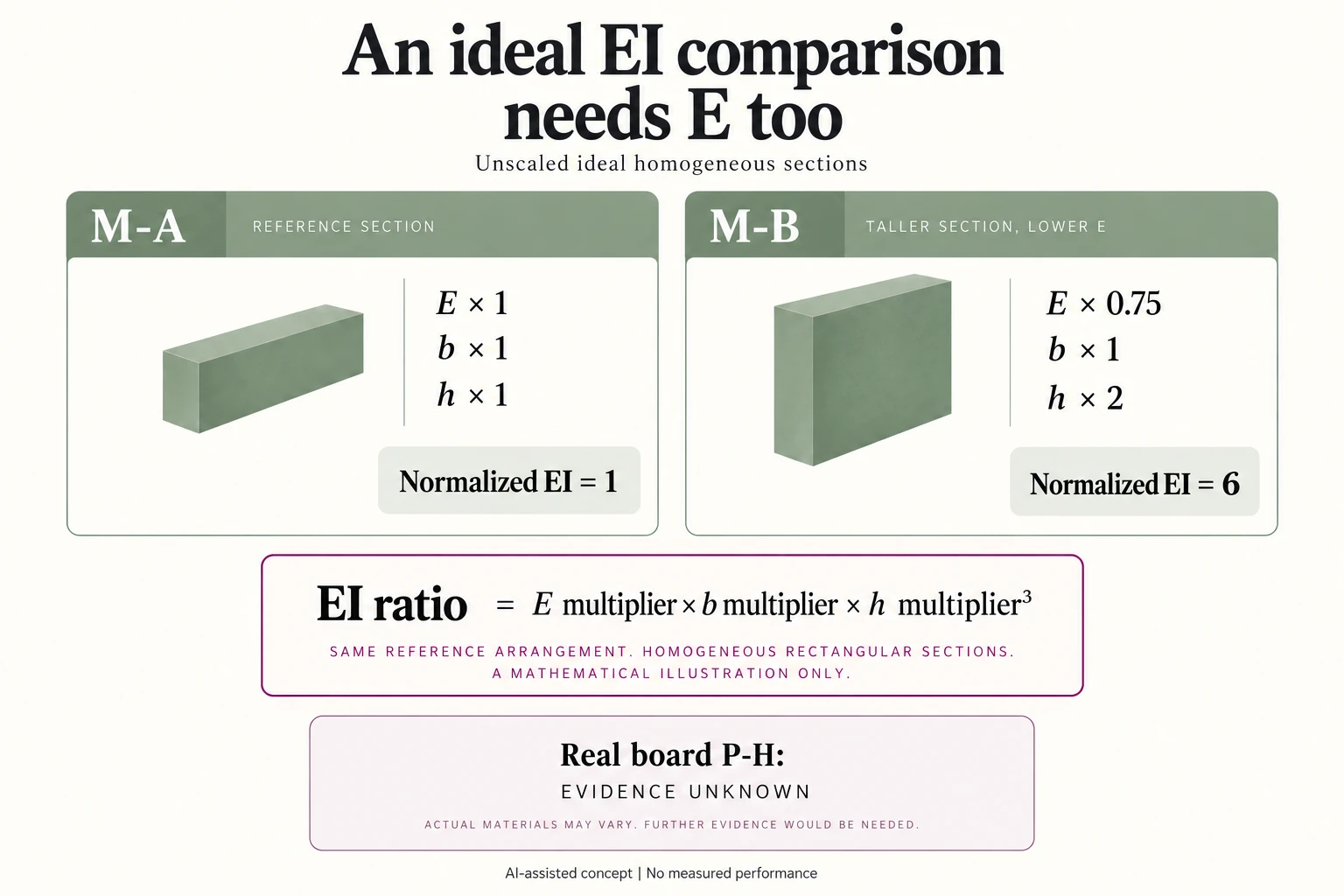 Ideal normalized model cards show M-A multipliers one and M-B E0.75 h2 yielding EI6 while real board remains unknown