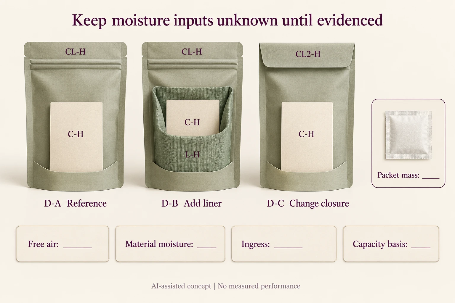 Reference card pouch D-A added liner D-B and changed closure D-C lead to unknown input cards with packet mass unselected