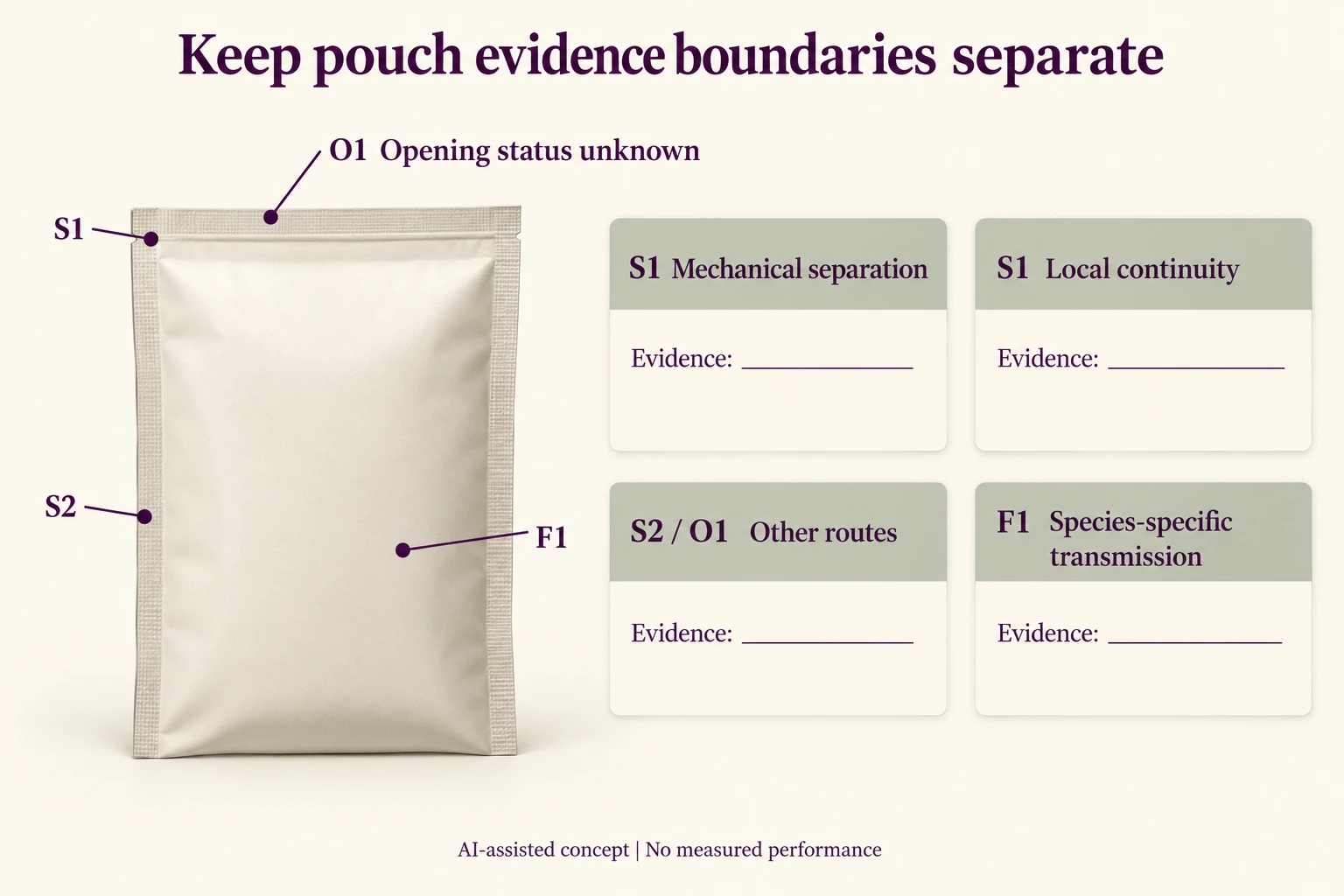 P-H pouch map links S1 mechanical and continuity records separately while S2 F1 and O1 retain their own evidence boundaries