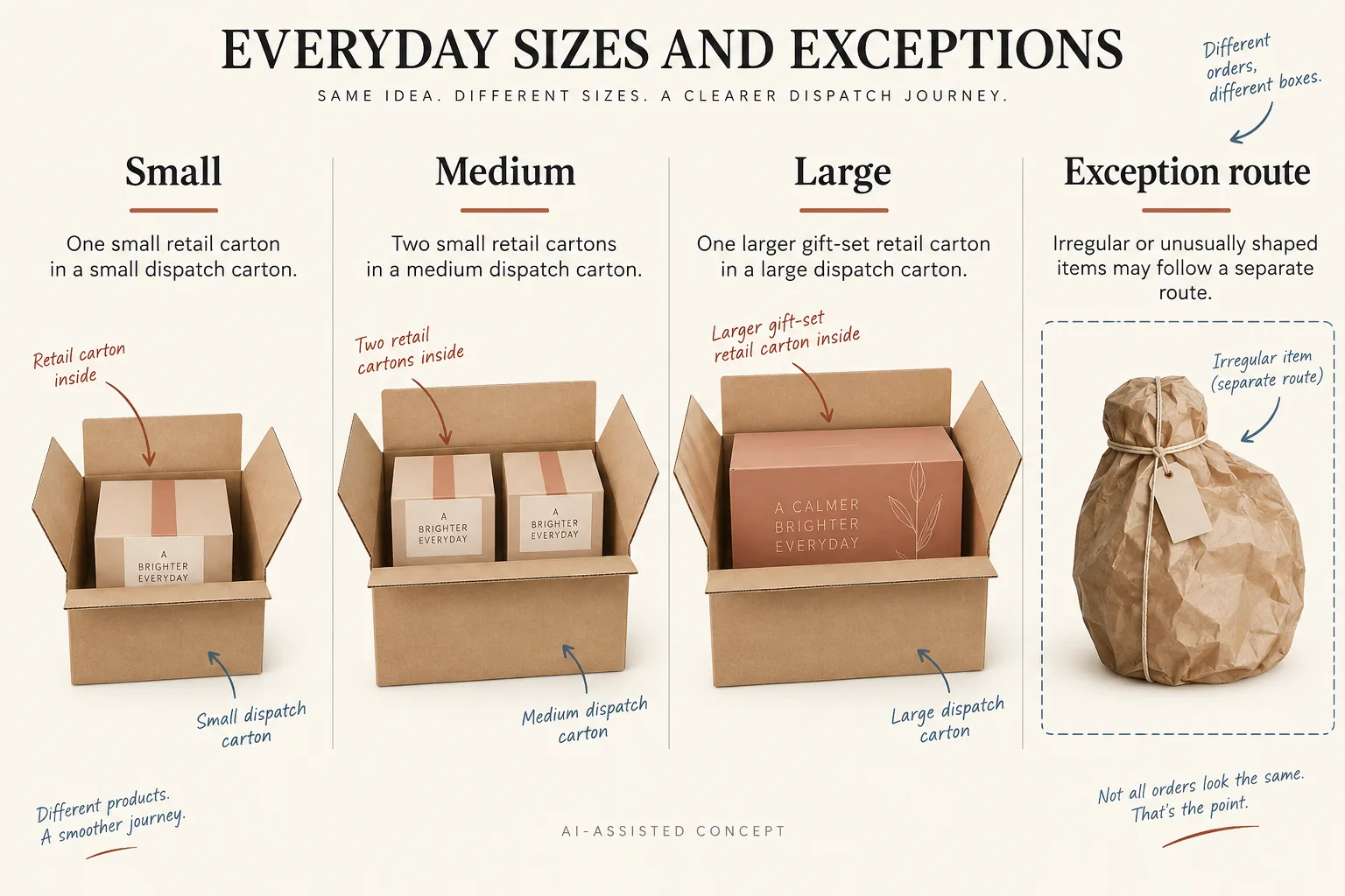 Small, medium and large dispatch box concepts beside a separately managed exception route