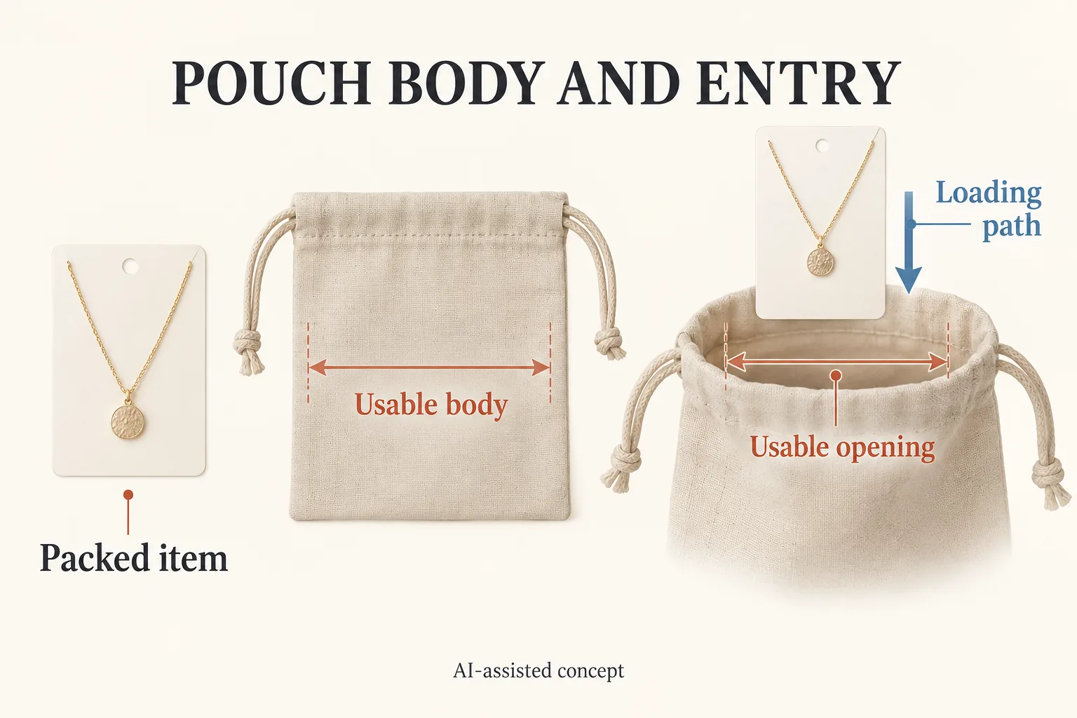 Jewelry pouch diagram distinguishing usable body, opening and carded-item loading path
