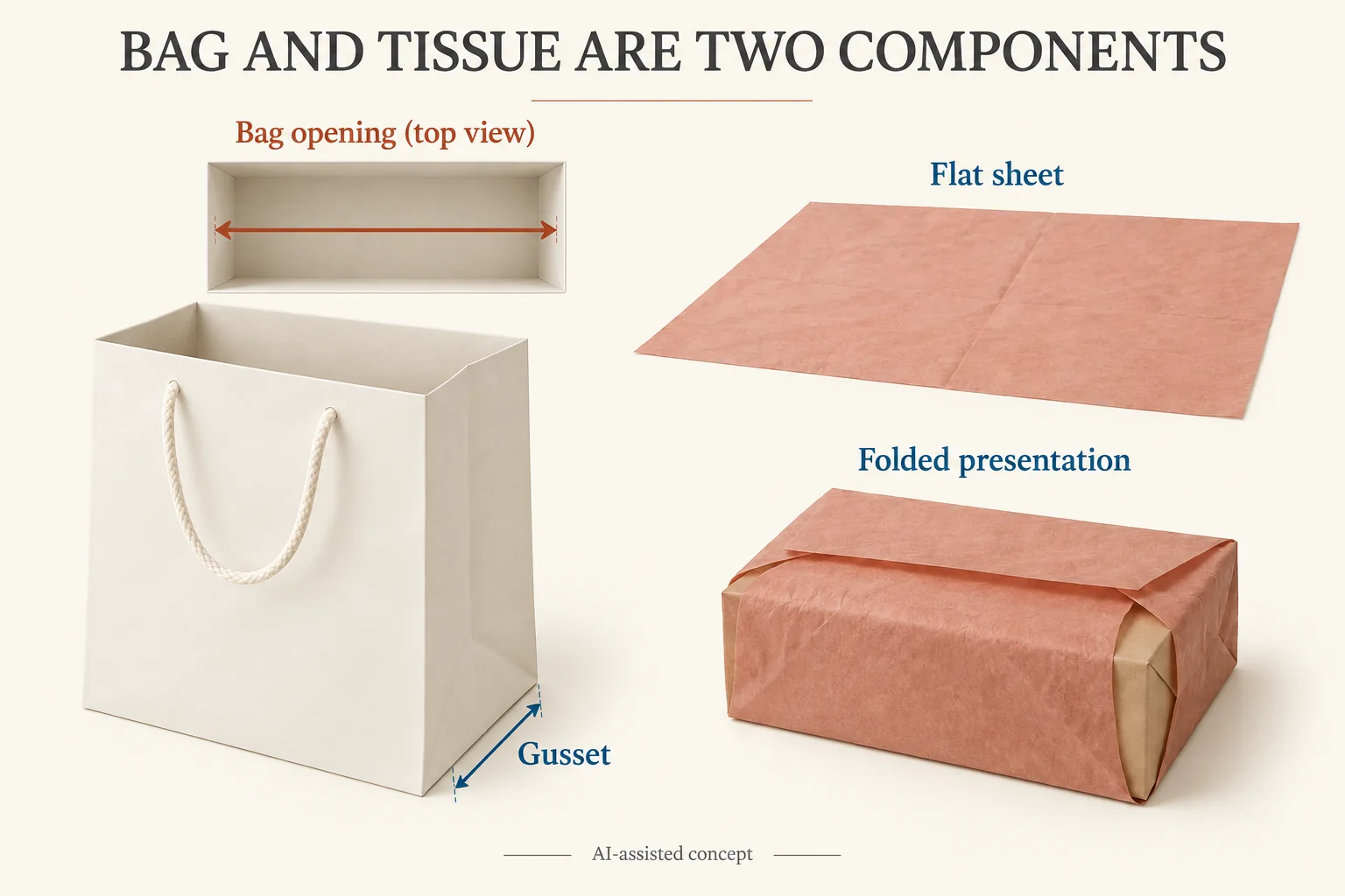 Gift bag opening and gusset beside flat tissue and a folded gift presentation