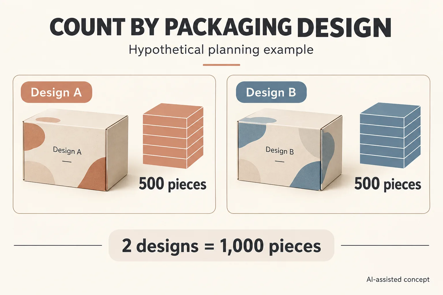 Hypothetical MOQ diagram with two packaging designs at 500 pieces each