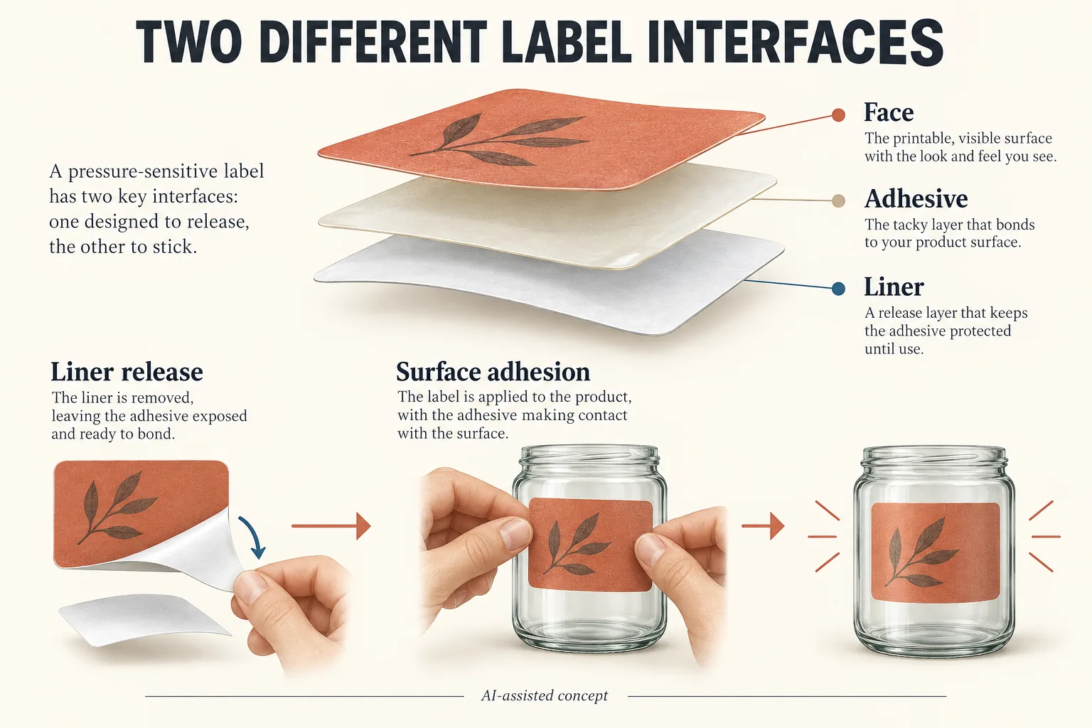 Label face, adhesive and liner with separate liner release and glass surface application
