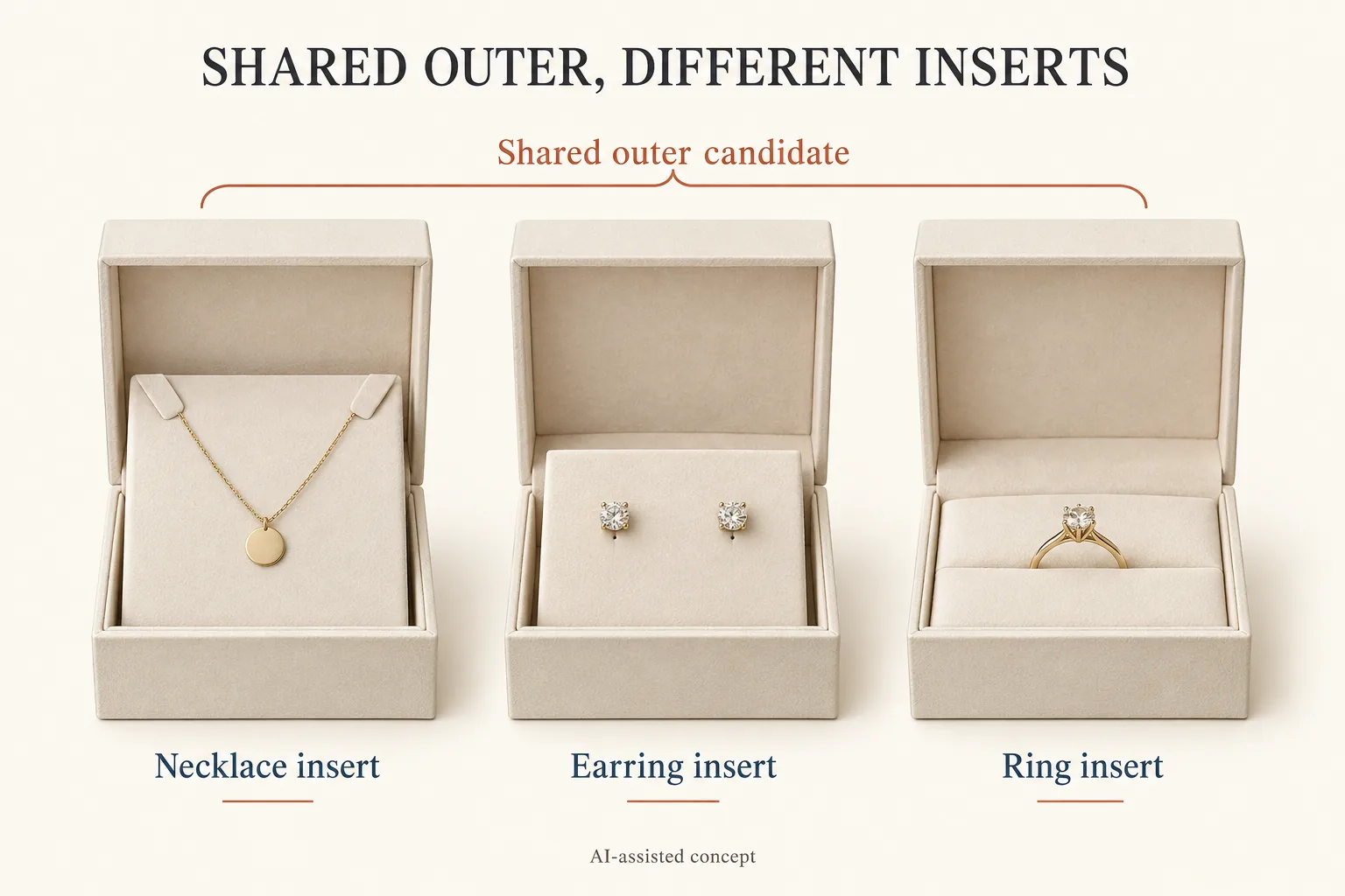 Shared jewelry box candidate with separate necklace, earring and ring insert concepts