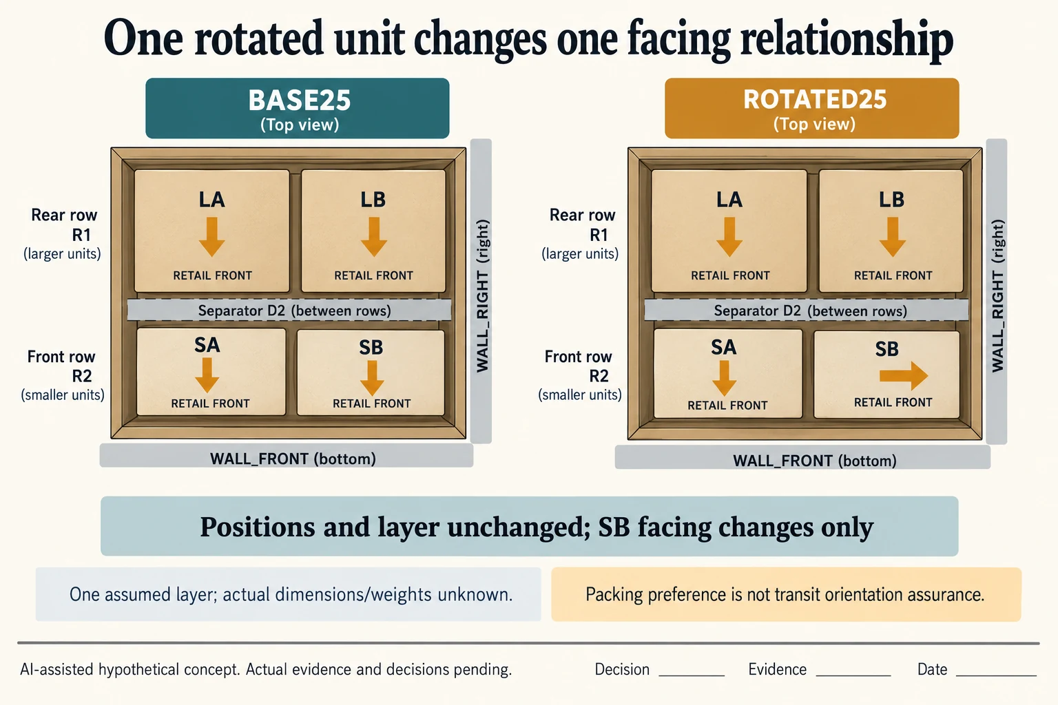 Two hypothetical single-layer four-unit maps differ only in SB facing the right wall rather than the front wall.