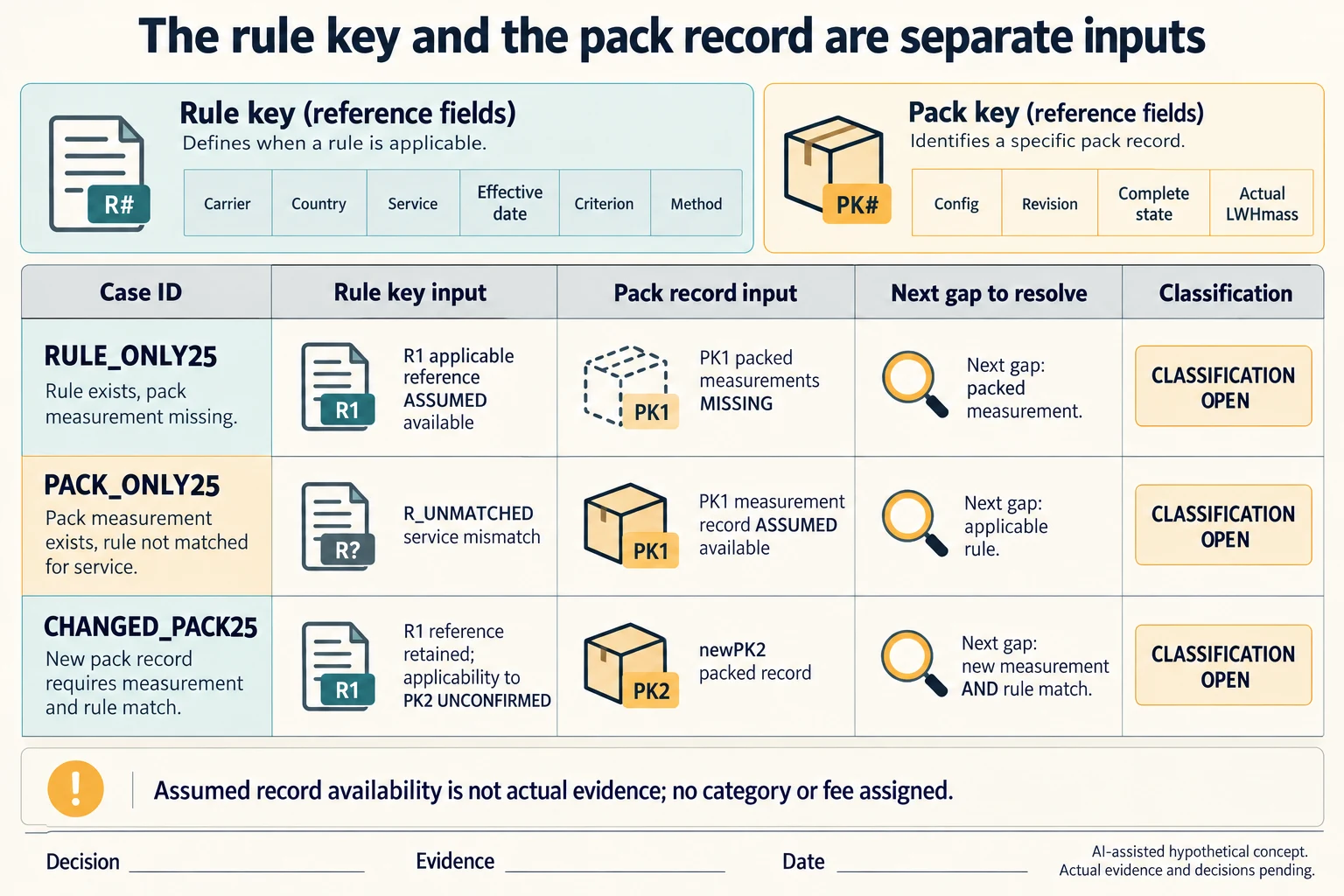 Three hypothetical rule/pack pairings leave different evidence gaps open and assign no carrier classification or price.