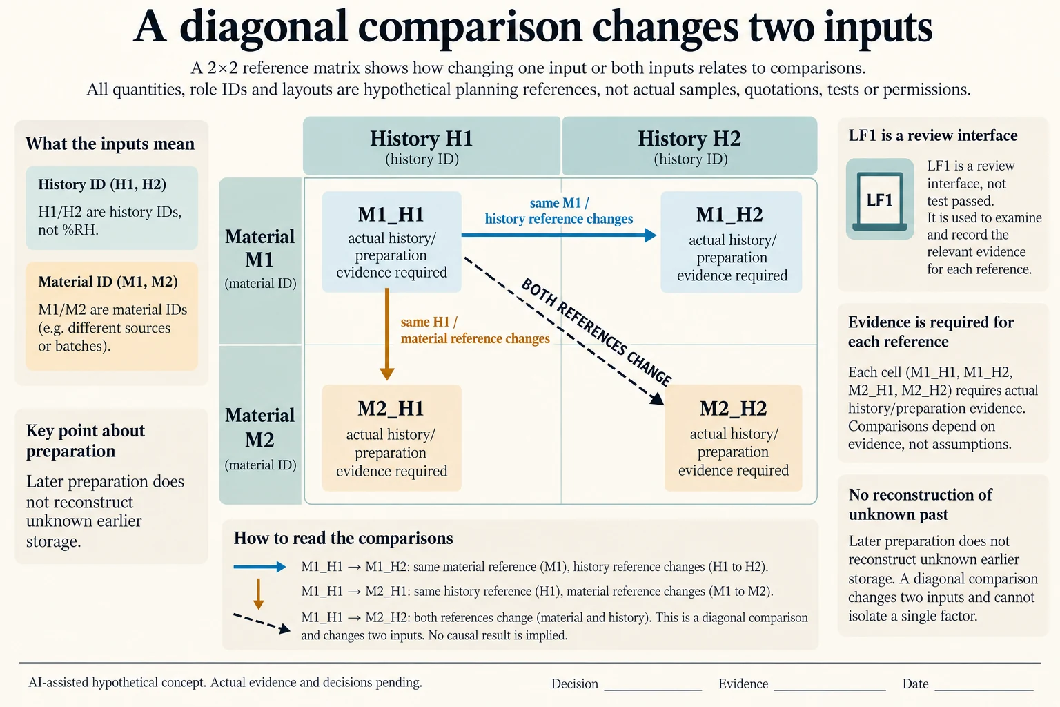 A hypothetical material/history matrix distinguishes single-reference comparisons from a diagonal that changes both factors.
