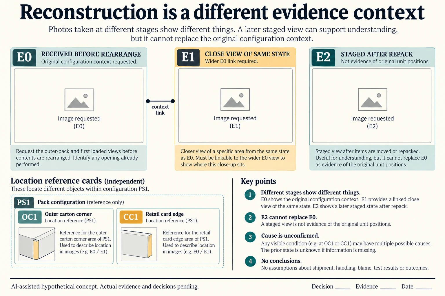 E0 received context, E1 close-view context and E2 staged-after-repack evidence requests have different limits; cause stays unconfirmed.