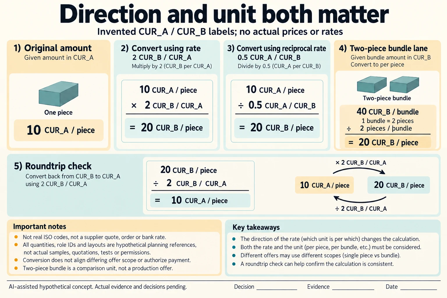Invented CUR_A/CUR_B rates and unit inputs yield 20 CUR_B per piece by two conventions, with a separate two-piece bundle normalization.
