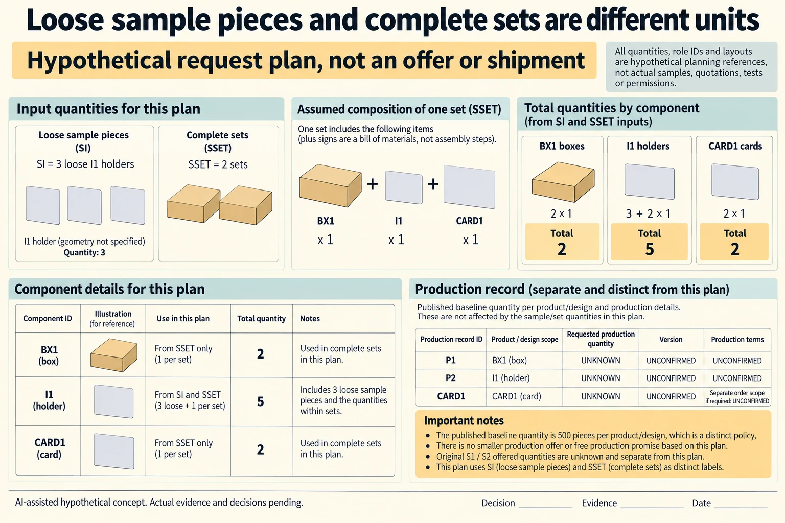 Three requested loose holders plus two hypothetical one-box/one-holder/one-card sets require five holders, two boxes and two cards for planning only.