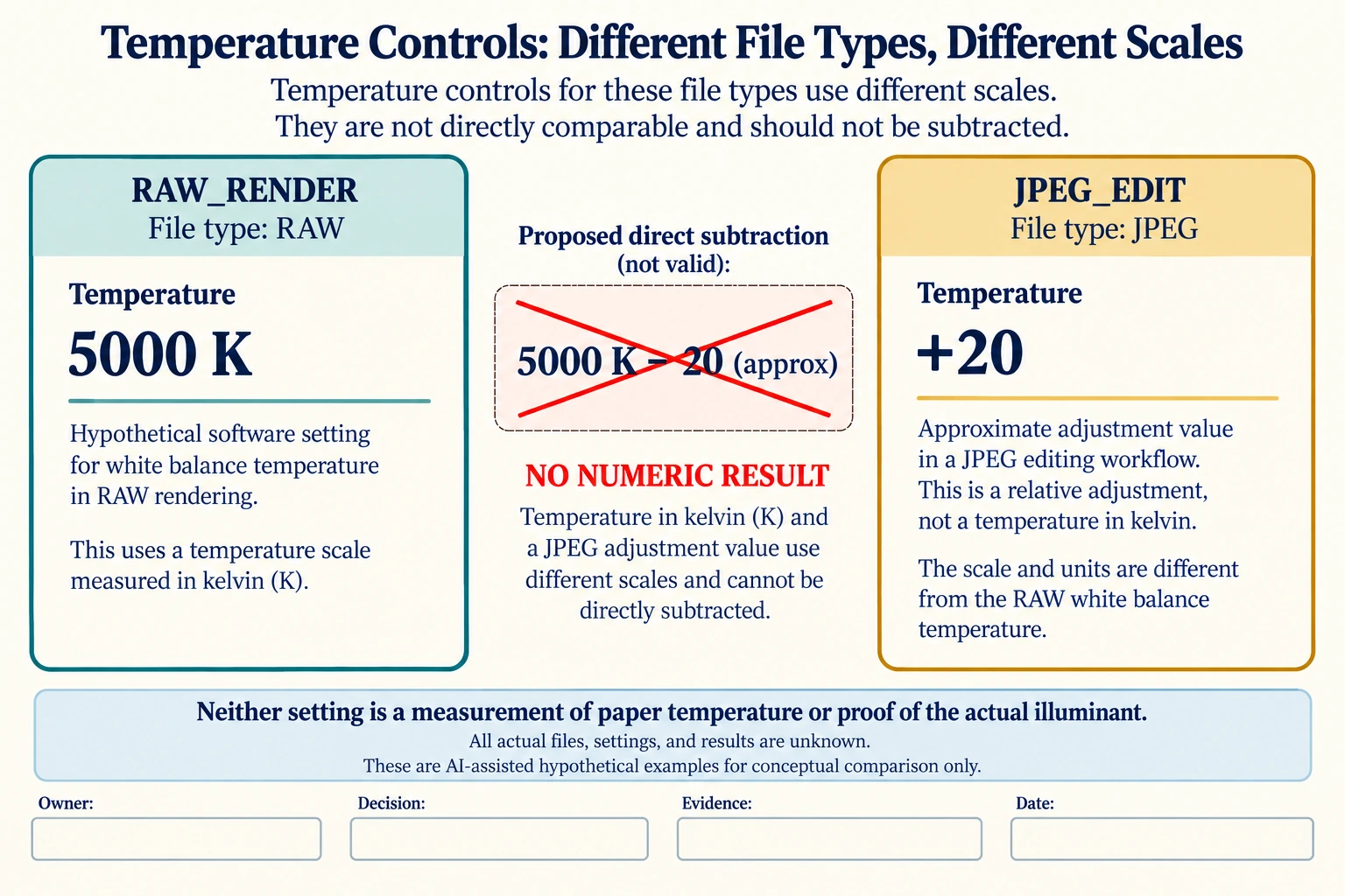 Hypothetical teaching concept: temperature controls from different file types are not one scale. No actual project result.