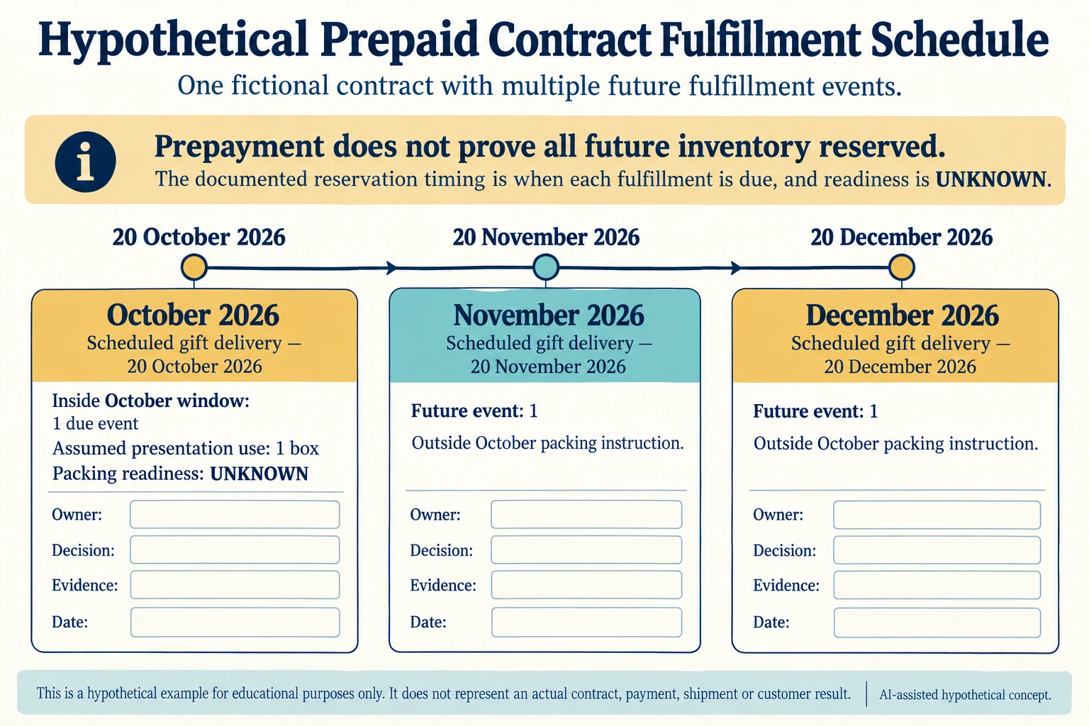Hypothetical teaching concept: prepayment does not reserve every future fulfillment at once. No actual project result.