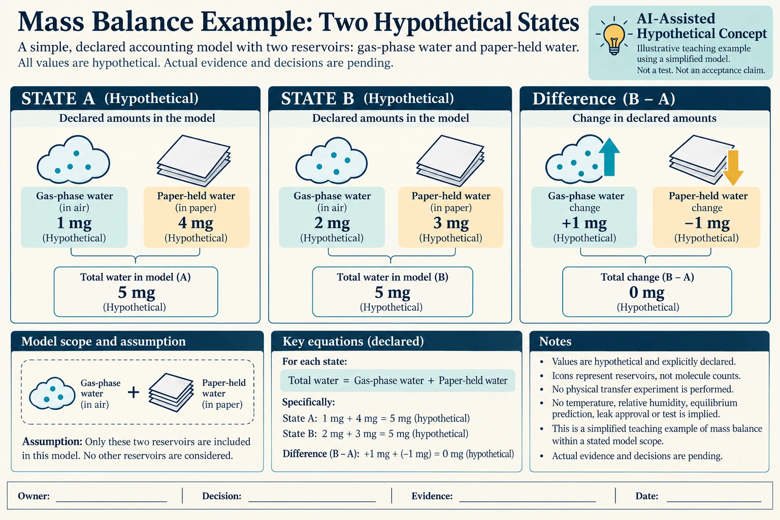 Hypothetical teaching concept: unchanged total water can coexist with changed gas-phase water. No actual project result.