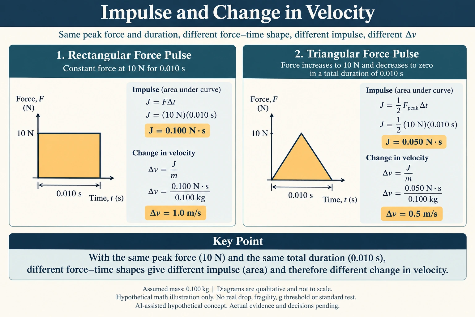 Hypothetical teaching concept: equal peak and duration can still give different impulse. No actual project result.