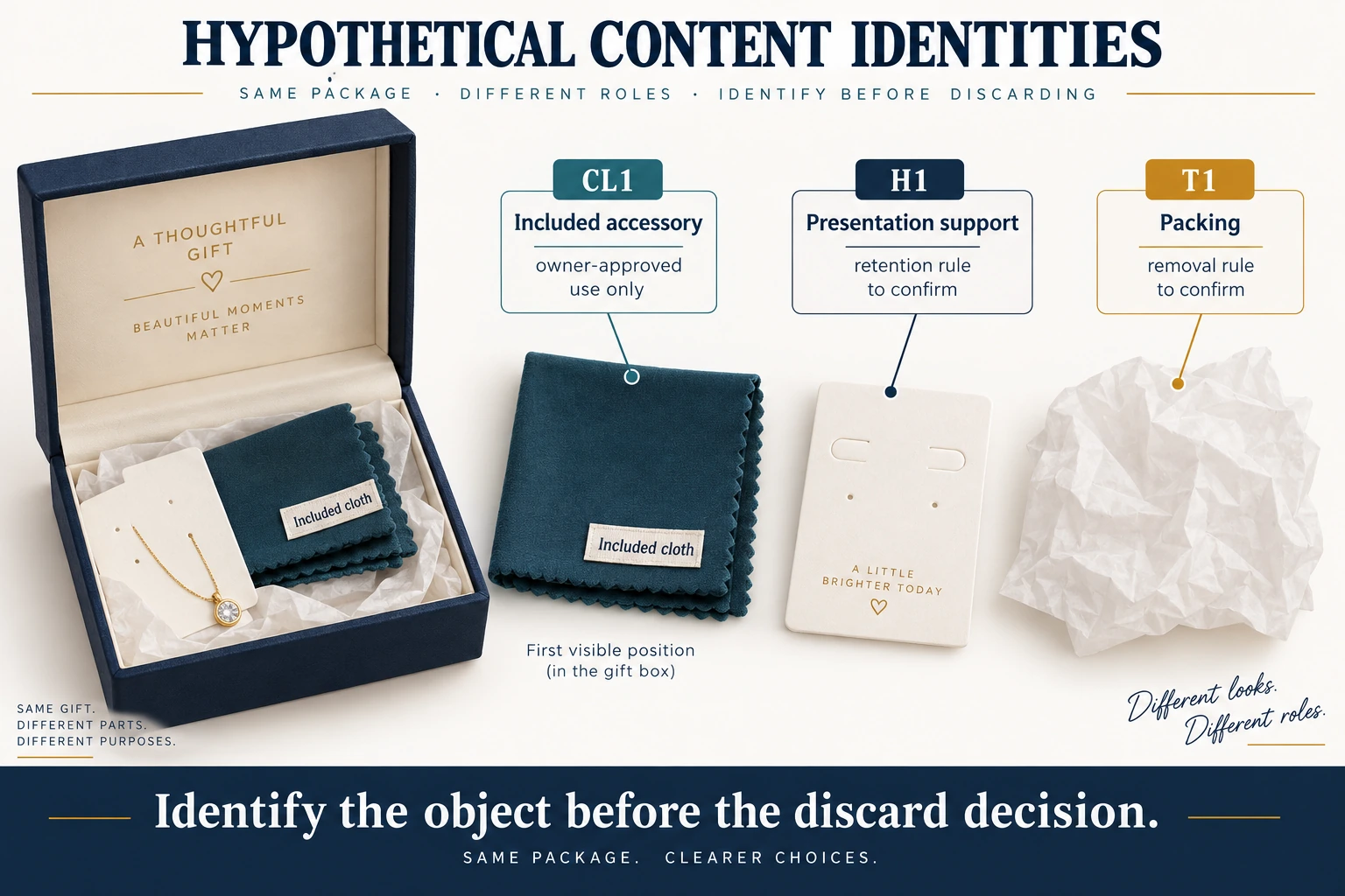 Hypothetical cloth CL1 labelled as included accessory, holder H1 as presentation support and tissue T1 as packing, with label placement before discard decisions