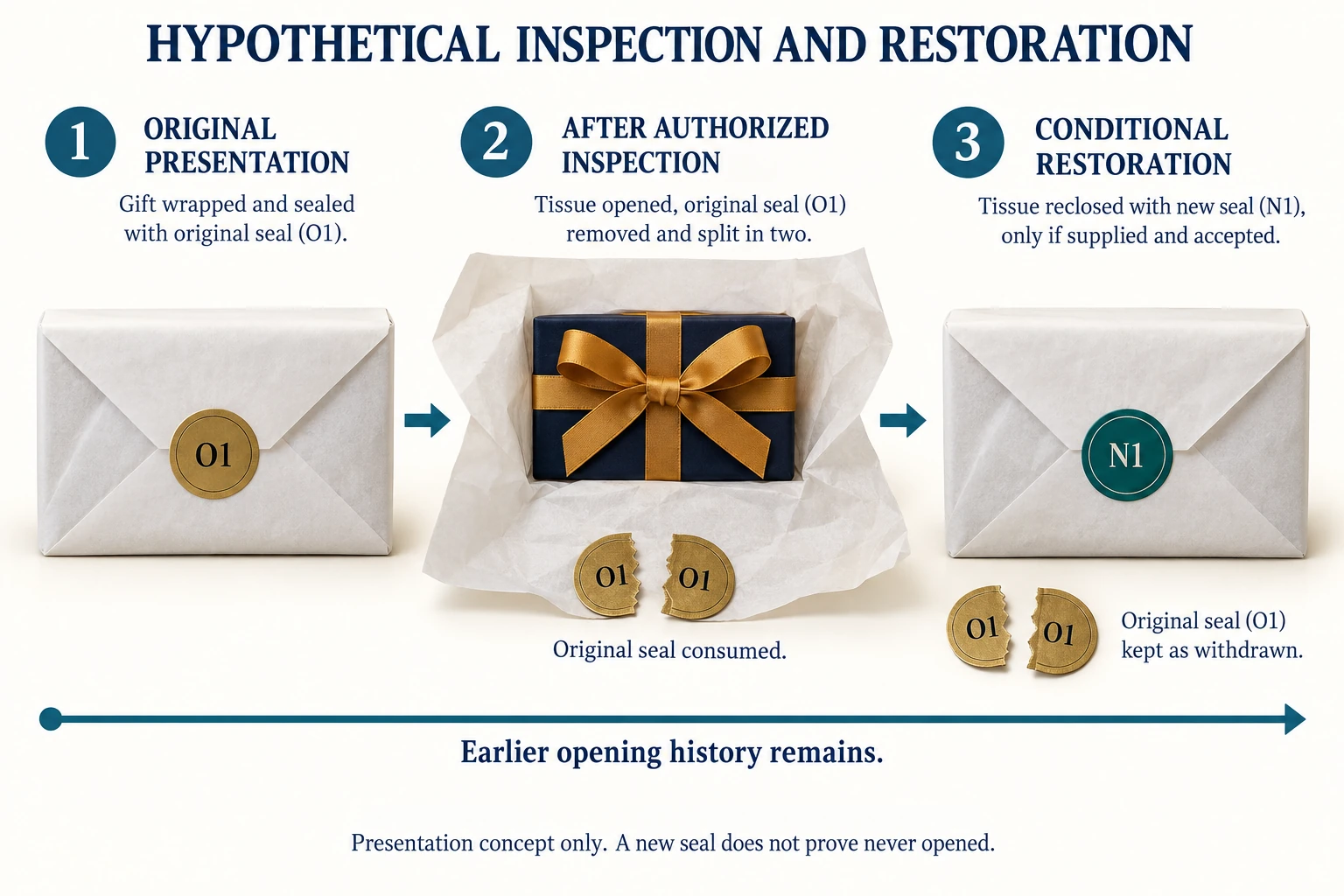 Untouched presentation, inspected presentation with consumed original seal, and conditional restoration with a different new seal; earlier opening history remains