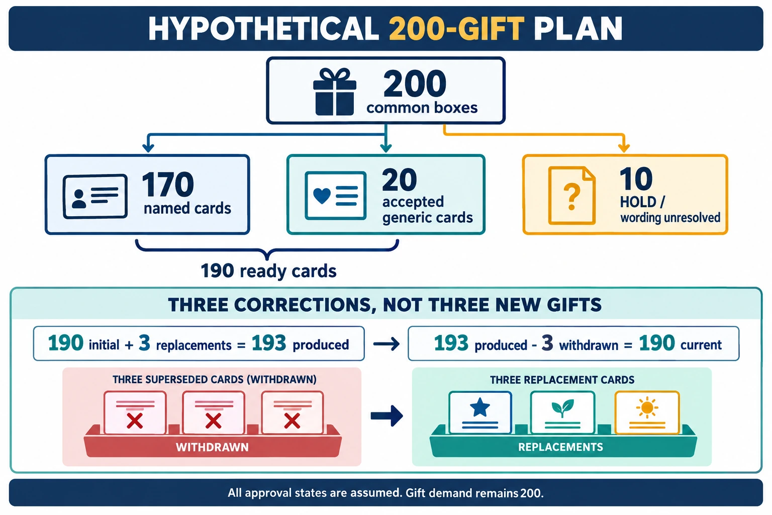 Hypothetical200-gift plan splits into170 named,20 accepted generic and10 held cards; three corrections produce193 historical pieces but190 current cards