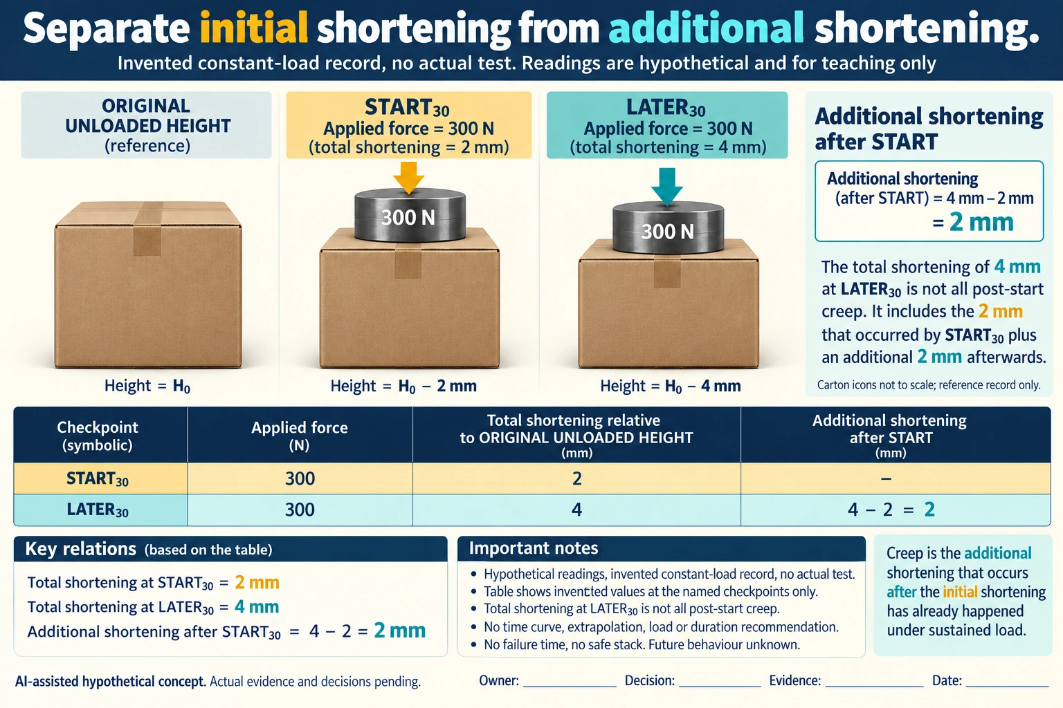 Hypothetical teaching diagram: keep the unloaded reference when separating initial and later shortening. Invented inputs; actual evidence and decisions pending.