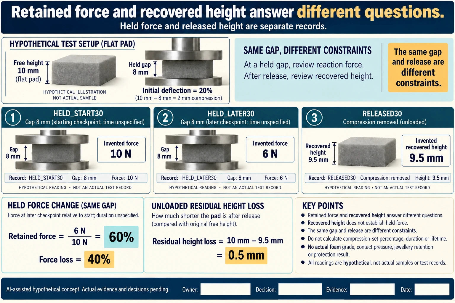Hypothetical teaching diagram: a recovered height cannot replace the held-force record. Invented inputs; actual evidence and decisions pending.