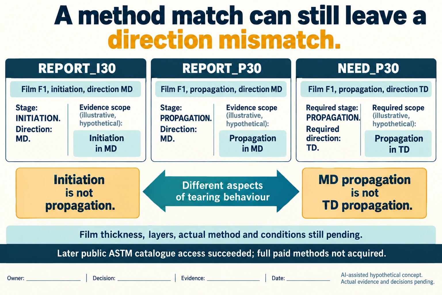 Hypothetical teaching diagram: a propagation report still needs the proposed tear direction. Invented inputs; actual evidence and decisions pending.
