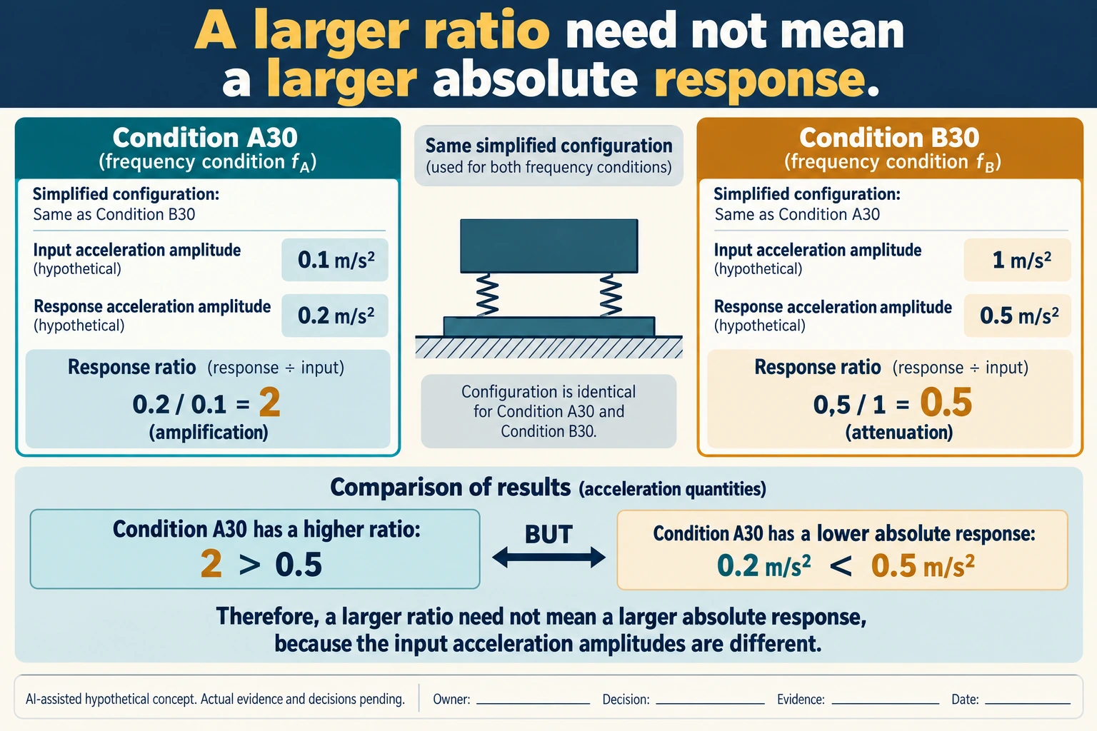 Hypothetical teaching diagram: a higher response ratio need not be the larger absolute response. Invented inputs; actual evidence and decisions pending.