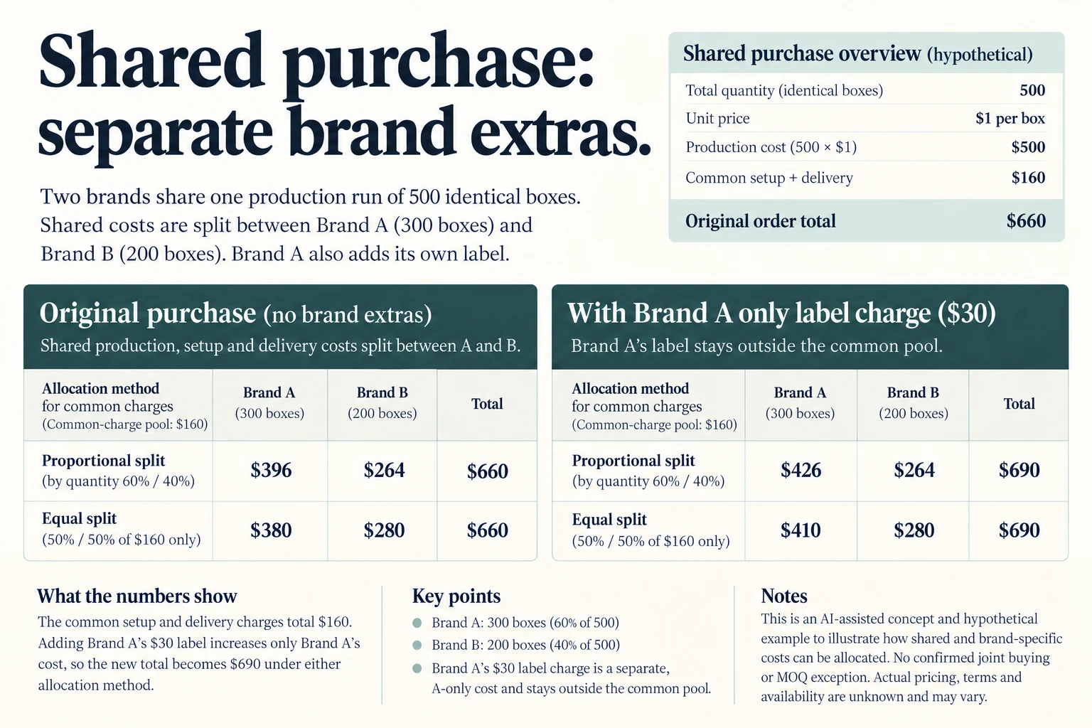 Shared purchase allocates common costs two ways and adds30USD only to BuyerA with unchanged box shares