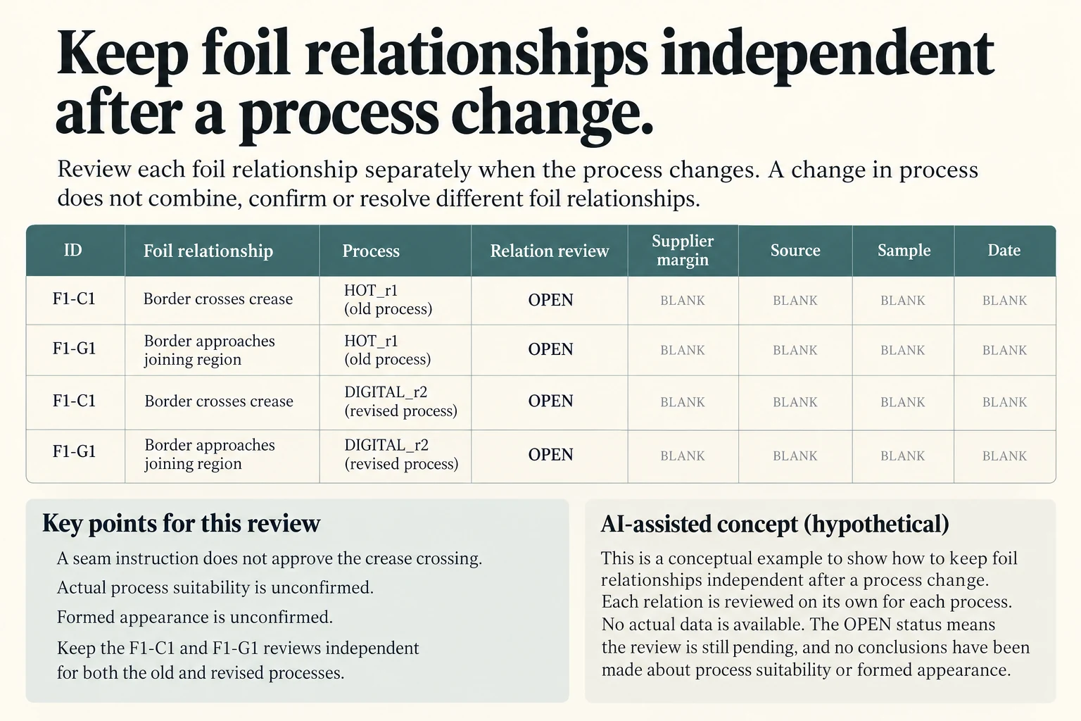 Two foil processes each retain independent crease crossing and joining-area reviews without invented separation margins