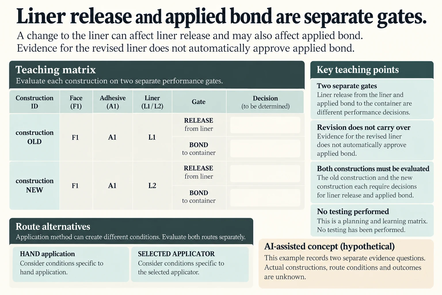 Old F1 A1 L1 and new F1 A1 L2 each have separate liner-release and applied-bond gates with blank decisions