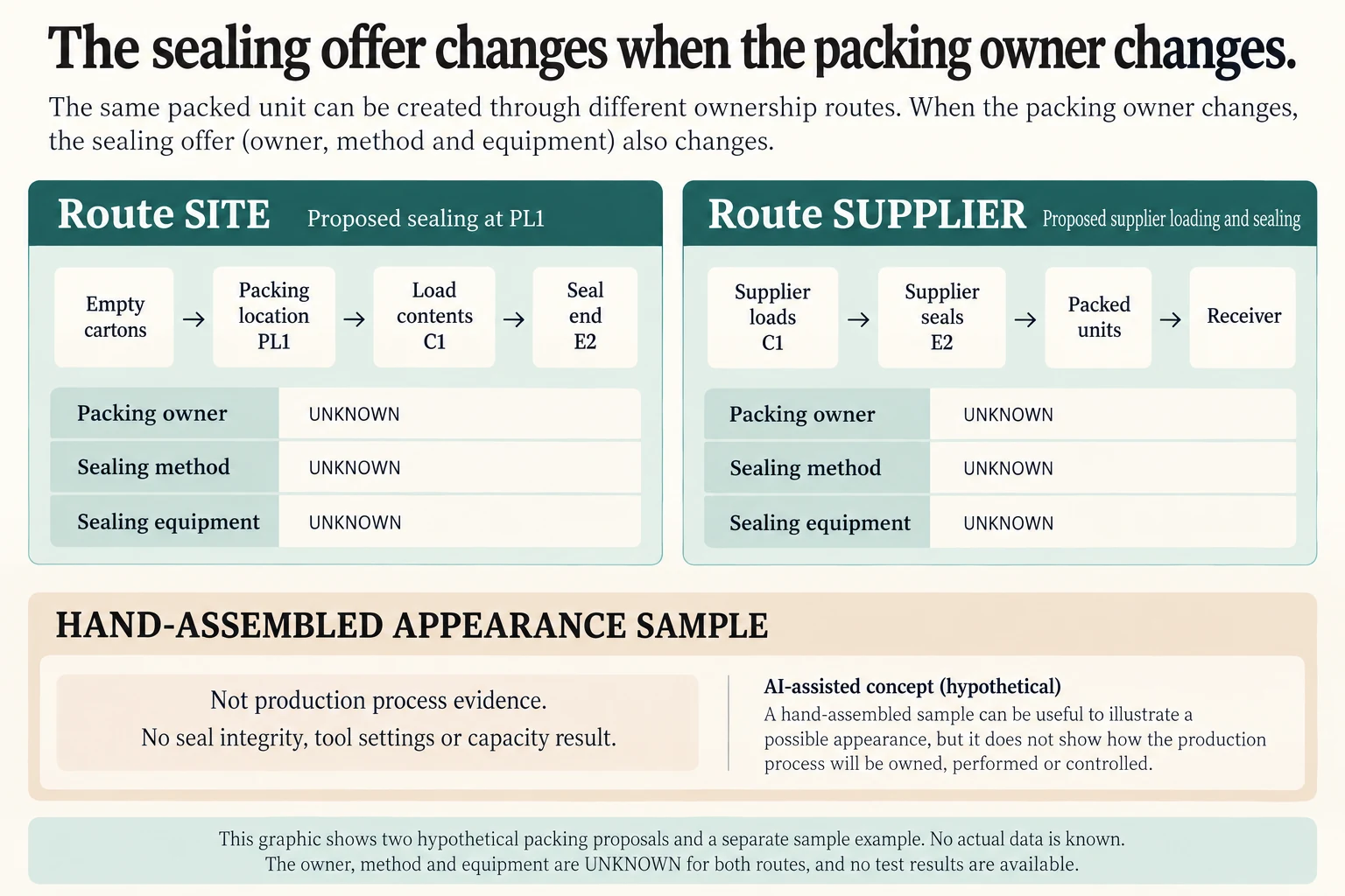 Outside packing location and supplier-loaded routes separate forming loading sealing and handoff work from appearance samples