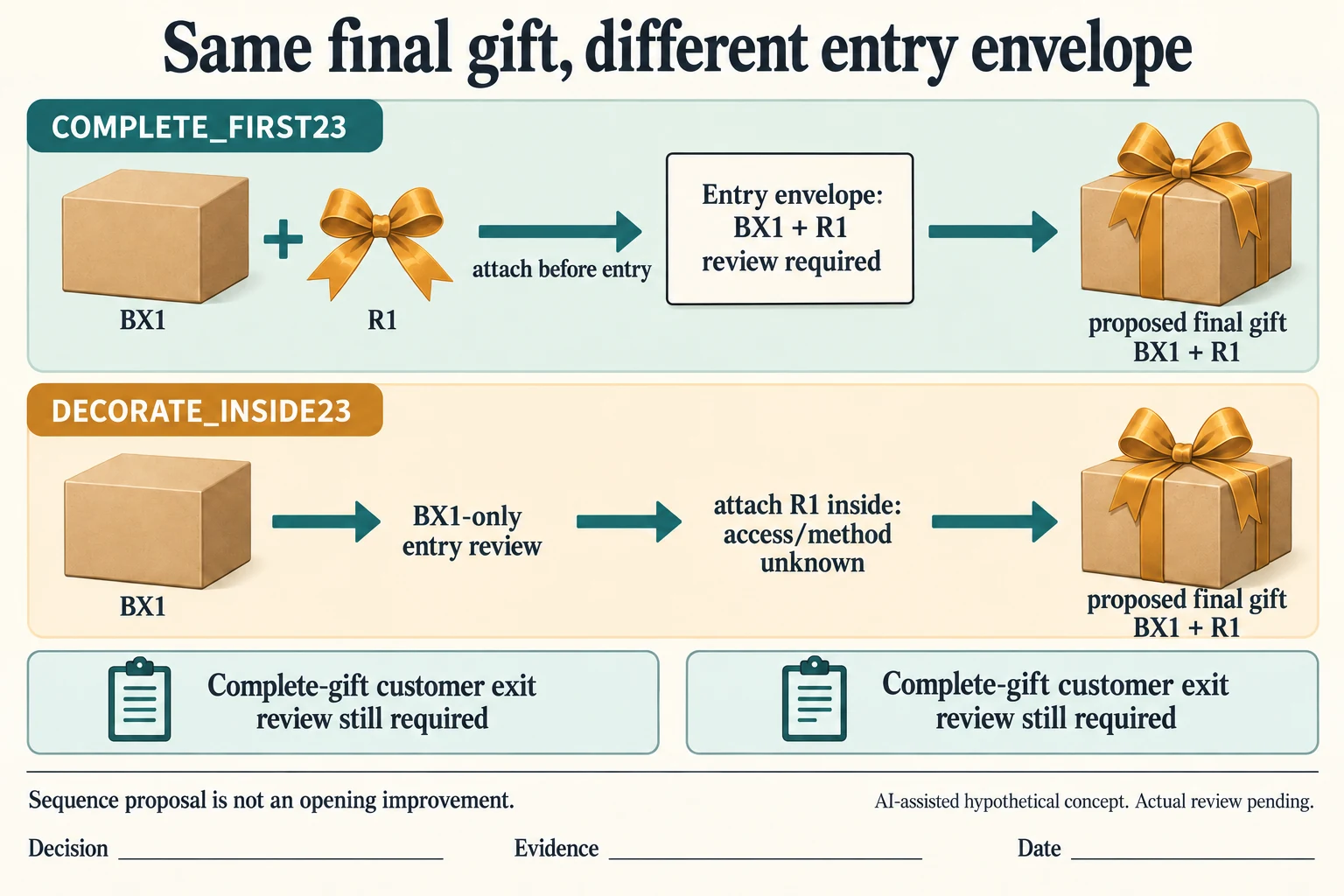 Two unreviewed loading sequences end with BX1 and R1 but use different entry envelopes and require separate complete-gift removal evidence.