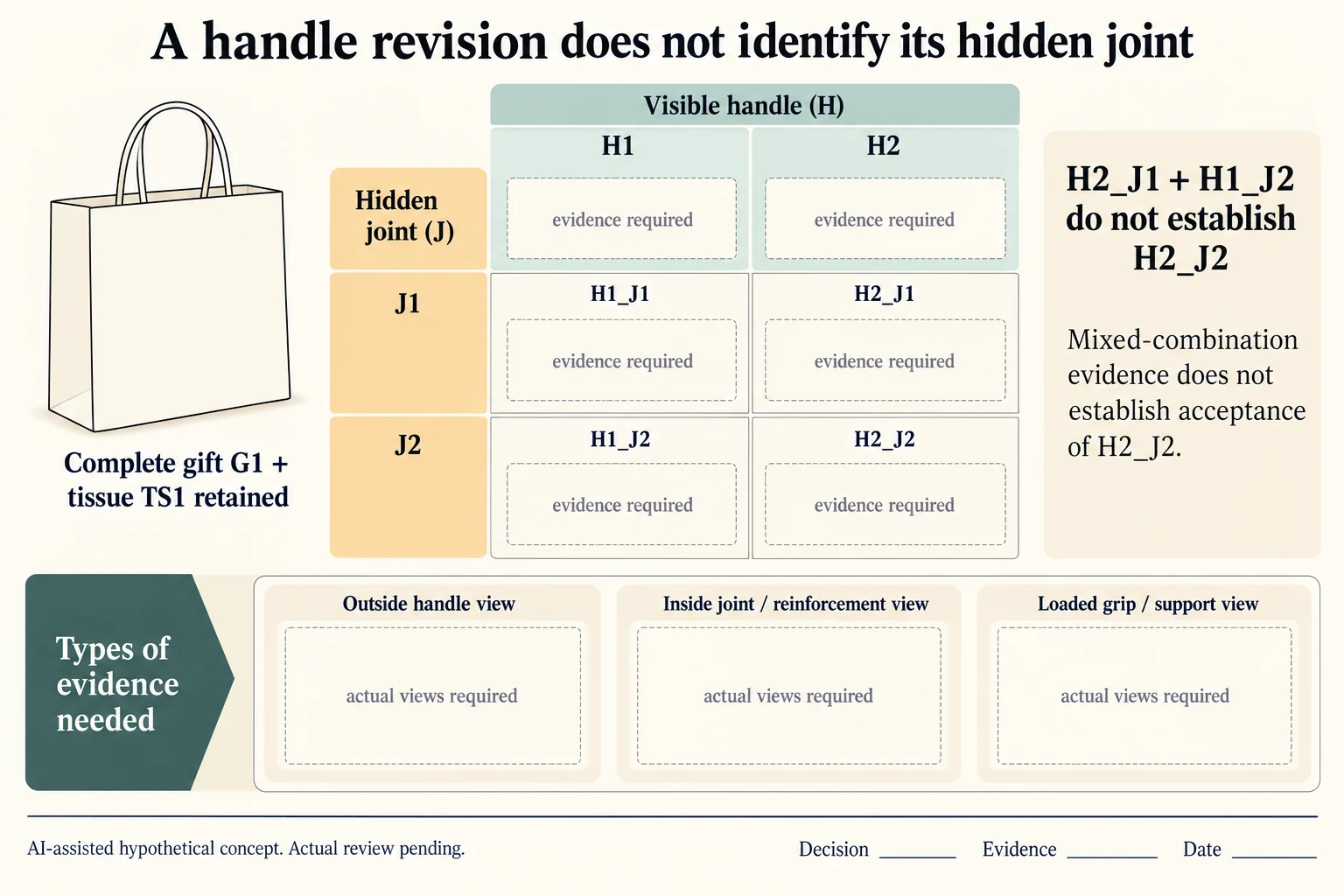 A four-combination H1/H2 and J1/J2 map requests outside, hidden-joint and loaded-use evidence independently for each bag.