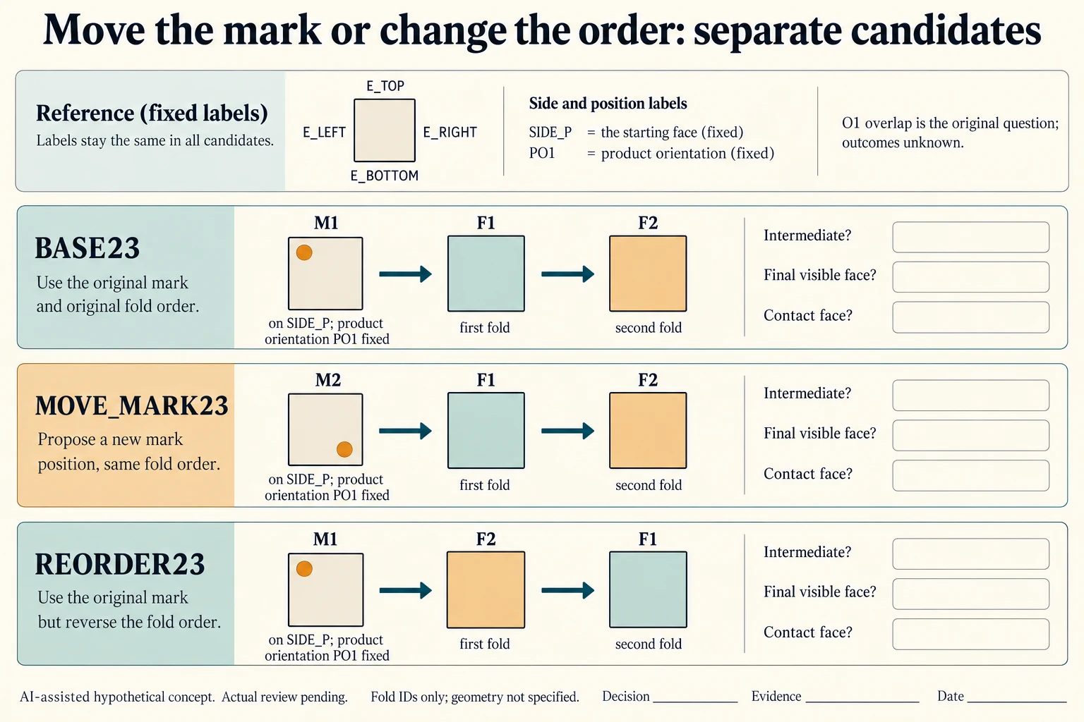 Three candidate references change the motif position or fold order separately; final visibility and contact faces stay unresolved.