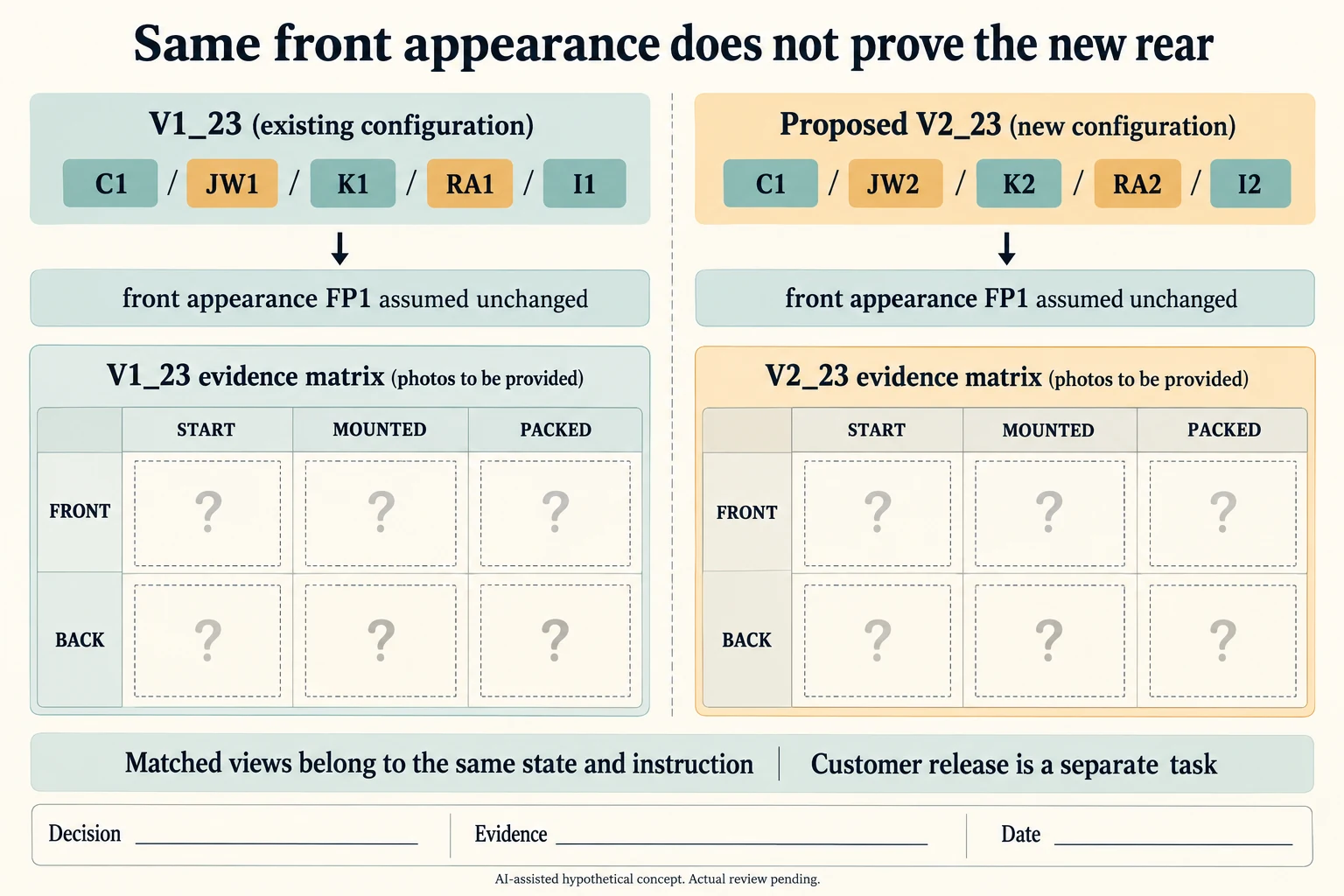 JW1/K1/I1 and proposed JW2/K2/I2 share front appearance FP1 but require separate rear and state-matched evidence.