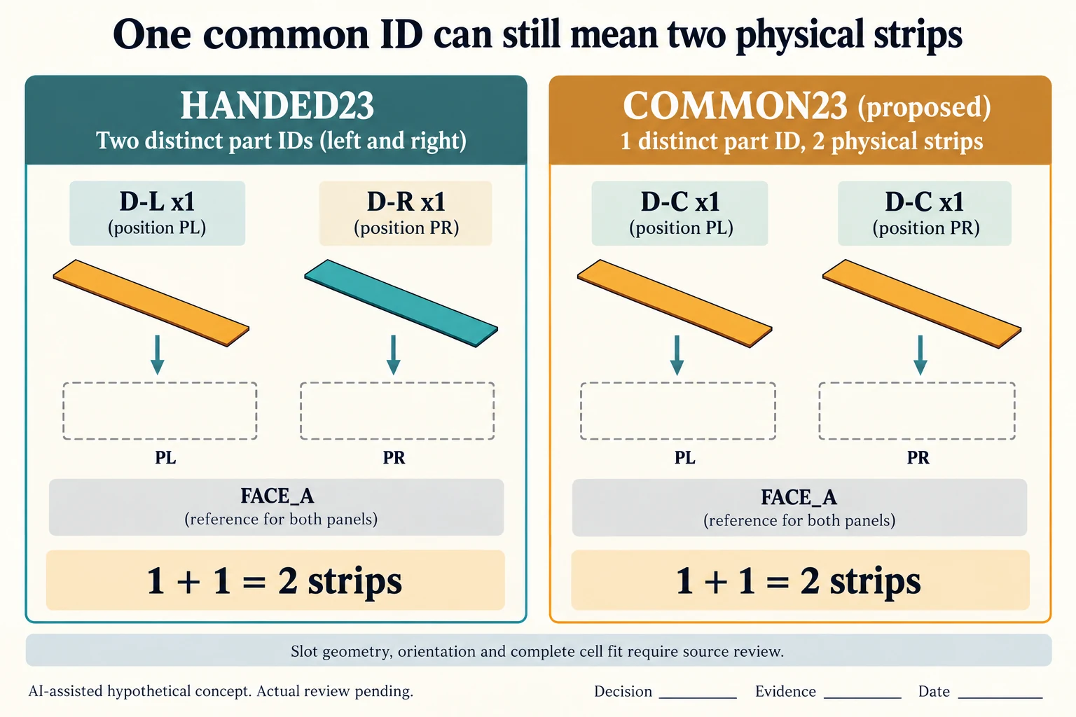 Handed D-L and D-R and proposed common D-C each supply two strips across PL and PR, with source geometry and fit still unreviewed.