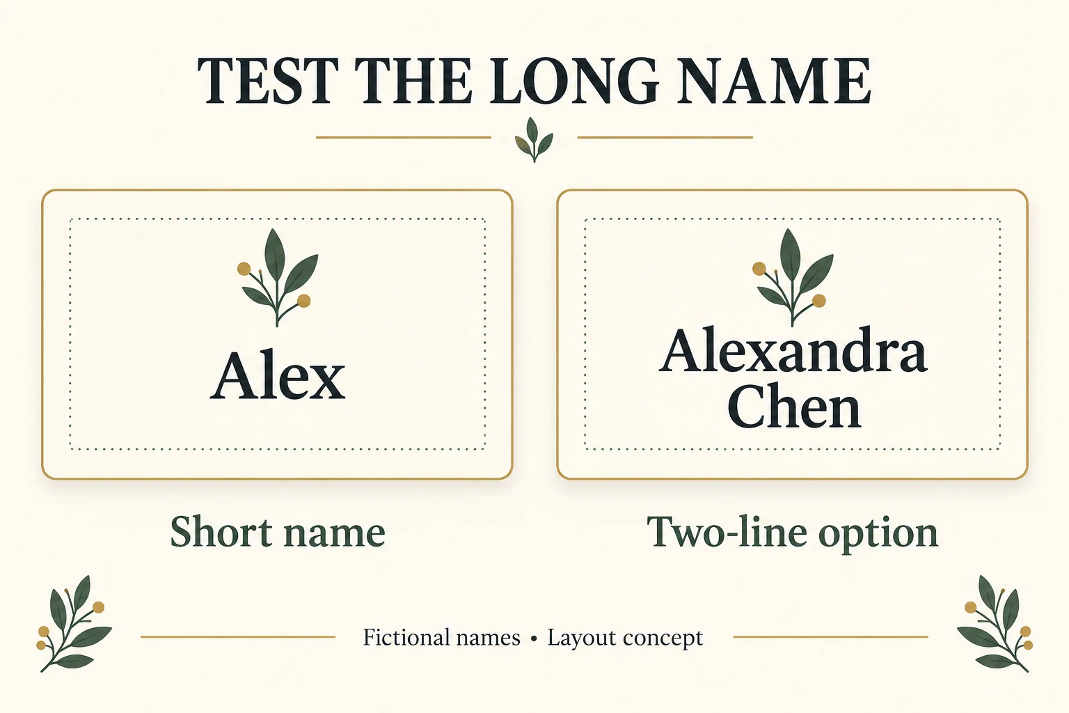 Identical card layouts show fictional Alex on one line and Alexandra Chen on two lines within illustrative guides.