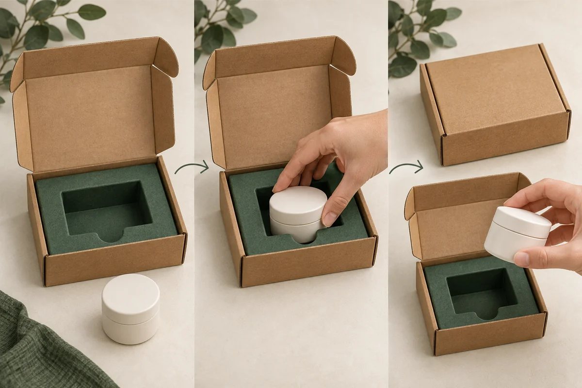 Concept panels show an empty fitted mailer, a hand seating a lidded jar and a hand lifting the jar from the open mailer.