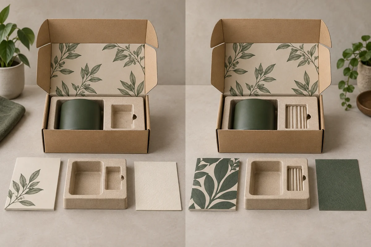 Two concept arrangements show a cup with different insert details and different printed or blank card components.