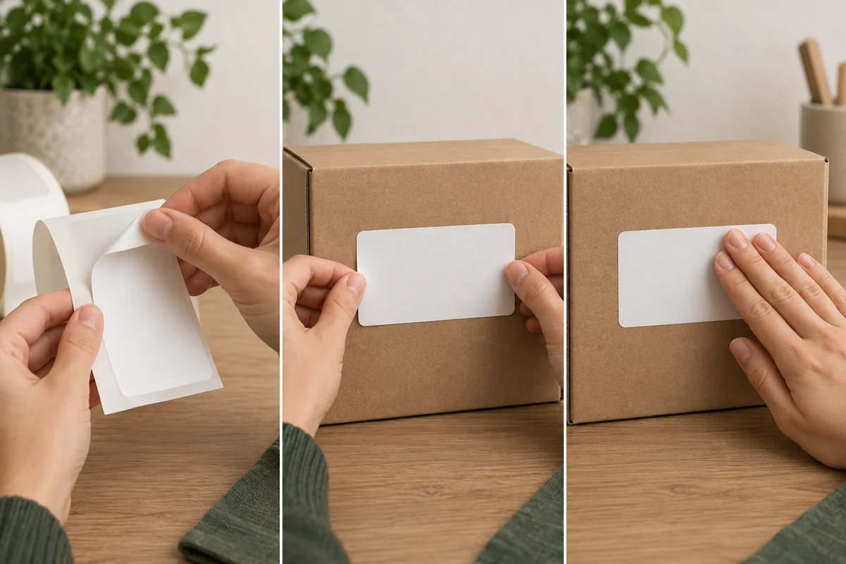 Three concept panels show a hand peeling a blank sheet label, positioning it on a box and pressing its face.
