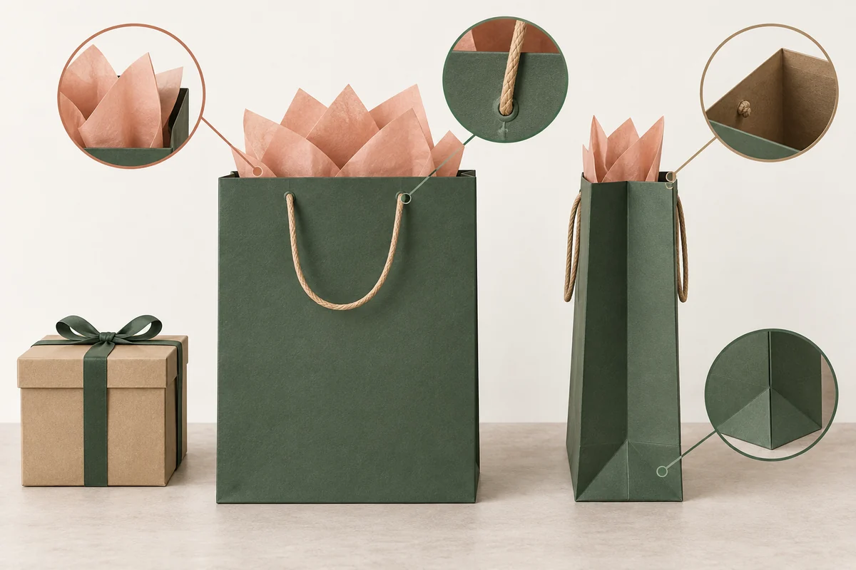 A gift bag, tissue paper and presentation box are arranged as separate set components.