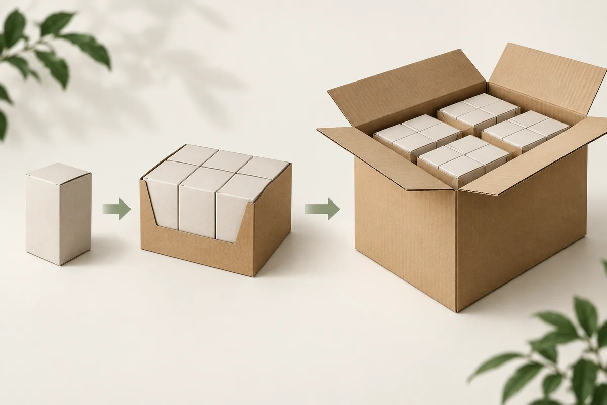 Three packaging levels arranged as a product box, a grouped package and an outer shipping carton