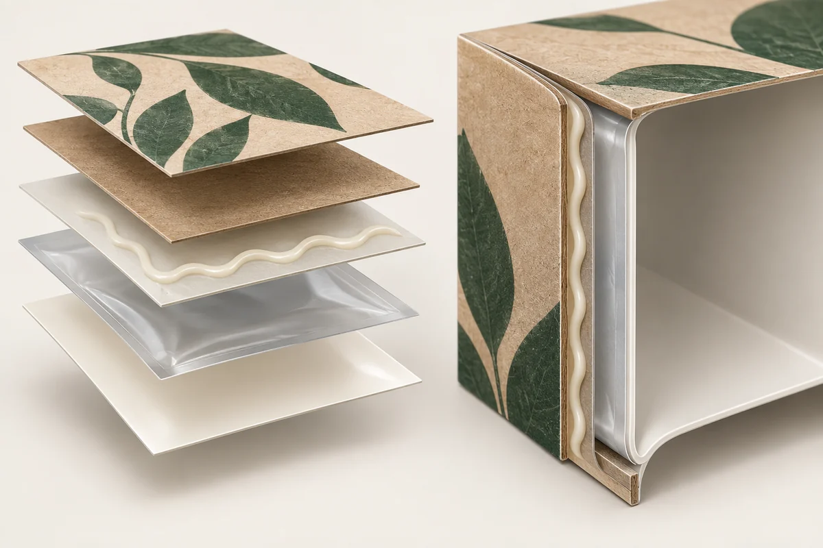 Cutaway illustration separating a printed outer carton, seam, inner layer and food-facing surface